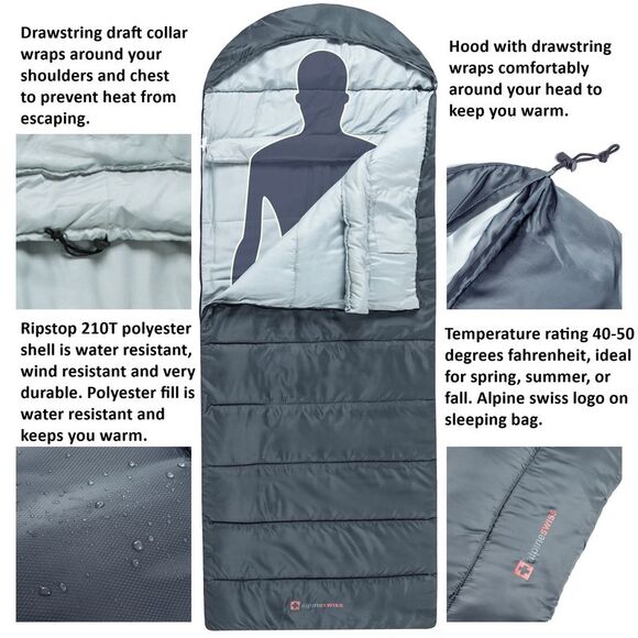 Alpine Swiss Sleeping Bag Adult Waterproof All Season Camping Backpacking Hiking - Picture 3 of 6